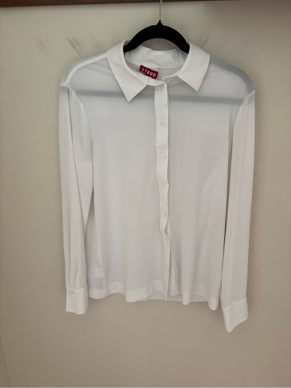 STAUD Sheer White Long-Sleeve Button Down S
